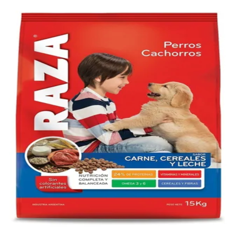 RAZA PERROS CACHORROS CARNE CEREALES Y LECHE 15 KG.