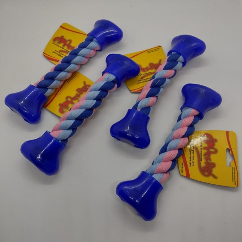 JUGUETE HUESO ALGODON CON TOPES PLASTICOS P/ PERROS