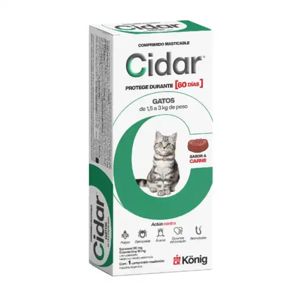 CIDAR GATO 1,3 A 3 KG COMPRIMIDOS ANTIPULGAS PALATABLES 60 DIAS DURACION