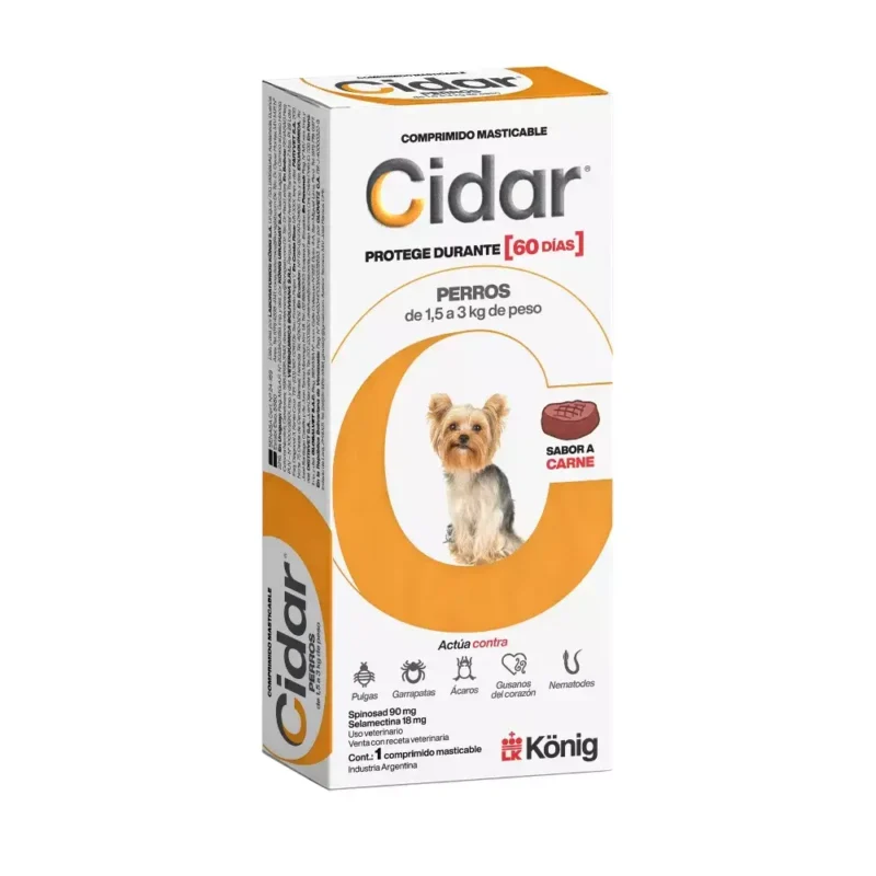 CIDAR PERRO 1,5 A 3 KG COMPRIMIDOS ANTIPULGAS PALATABLES 60 DIAS DURACION